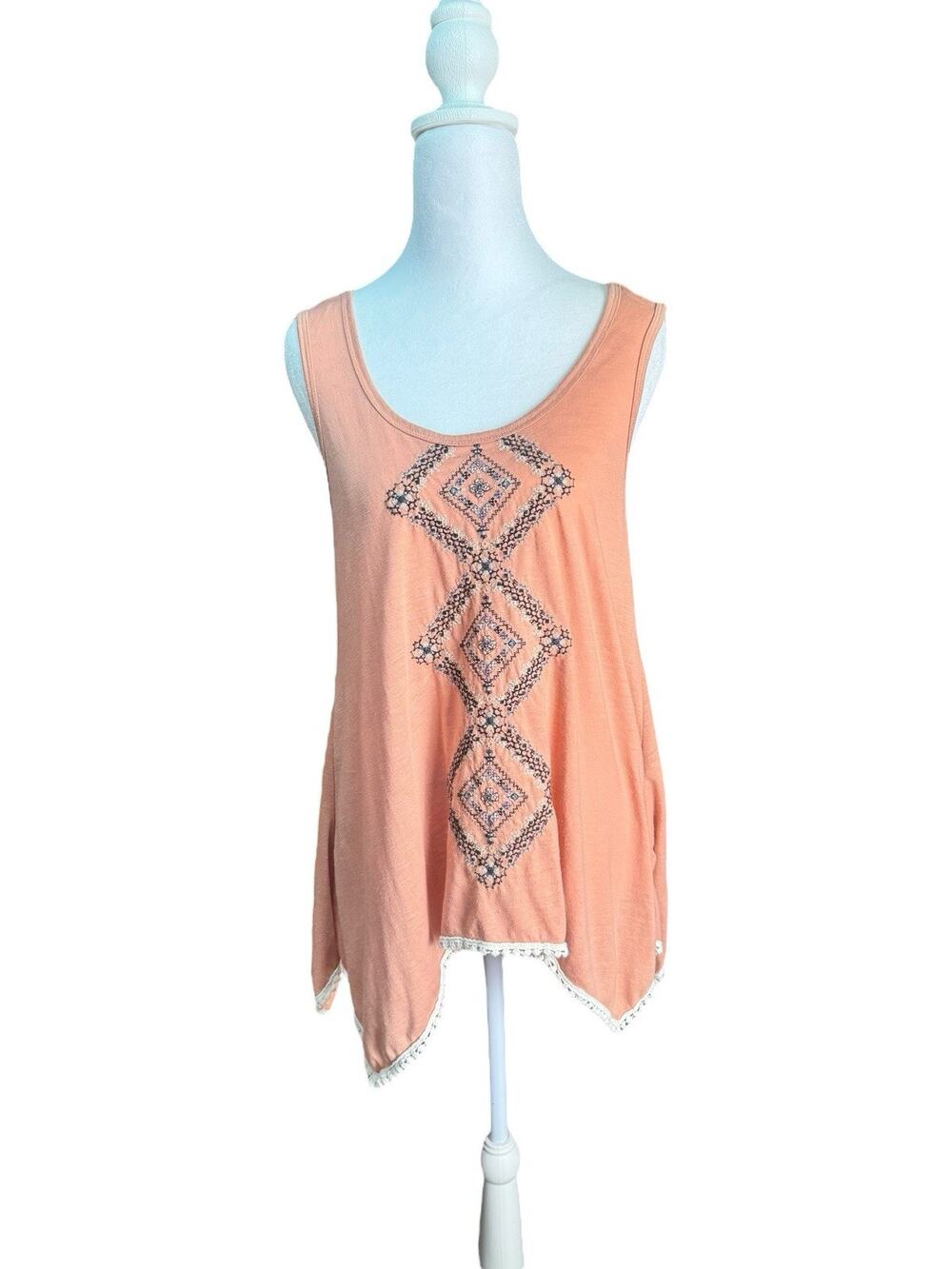 Boho Peach Aztec Embroidered Tank Sz S Handkerchief Hem Festival Asymmetrical